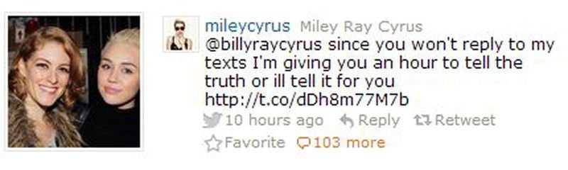 Tweet from miley giving ultimatum to billy ray cyrus